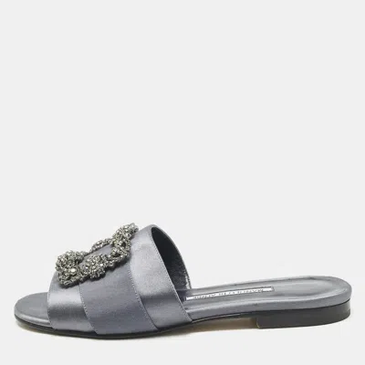Pre-owned Manolo Blahnik Navy Blue Satin Martamod Flat Sandals Size 38