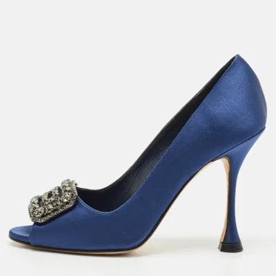 Pre-owned Manolo Blahnik Navy Blue Satin Matik Peep Toe Pumps Size 35