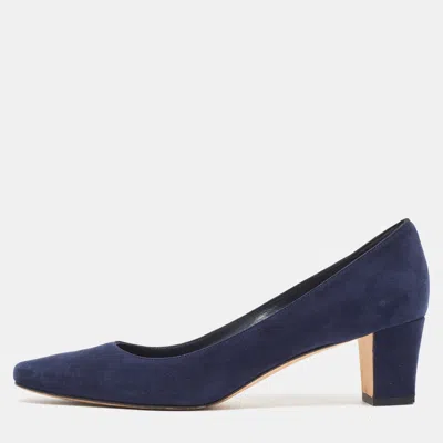 Pre-owned Manolo Blahnik Navy Blue Suede Block Heel Pumps Size 38