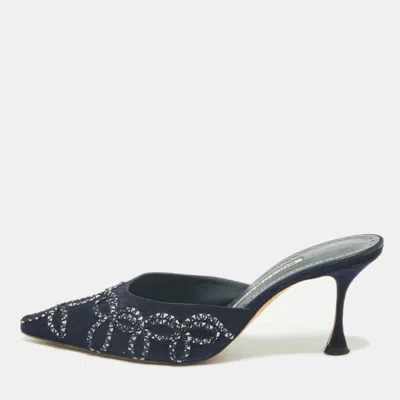 Pre-owned Manolo Blahnik Navy Blue Suede Mules Size 38.5