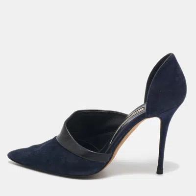 Manolo Blahnik Navy Blue/black Suede And Leather D'orsay Pumps