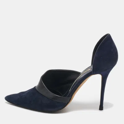 Pre-owned Manolo Blahnik Navy Blue/black Suede And Leather D'orsay Pumps Size 36