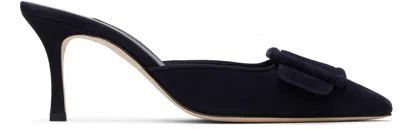 Manolo Blahnik Navy Maysale 70 Mules In Black