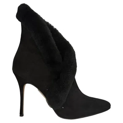 Pre-owned Manolo Blahnik Nestanu 105 Fur Trimmed Ankle Boots In Black Suede
