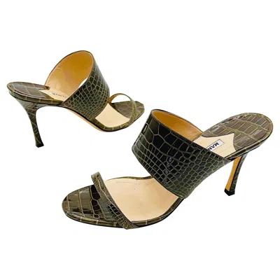 Pre-owned Manolo Blahnik New  $2, 900 Size 39.5 Genuine Alligator Olive Green Heels Sandals