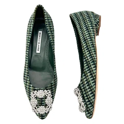 Pre-owned Manolo Blahnik Nib  Hangisi Flat Wool Crystal Embellished Pointed Toe Shoes 37 In Black