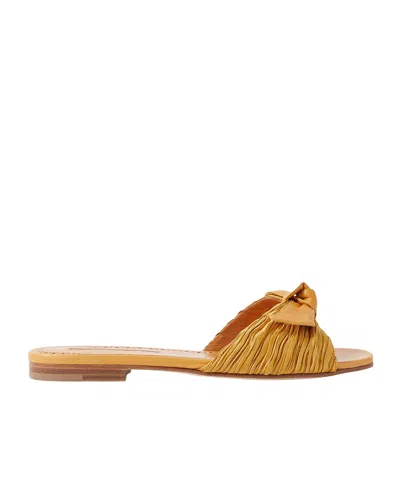 Manolo Blahnik Notamu Bow-detailed Plissé-satin And Leather Slides In Brown