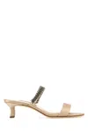 Manolo Blahnik Satin Mules Kifasan Embellished Strap Kitten Heel In Gold