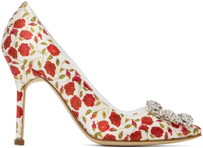 Manolo Blahnik Off-white Hangisi Heels In 9069 Yellow Print