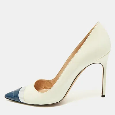 Manolo Blahnik Off White/navy Blue Patent Leather Pointed Toe Pumps