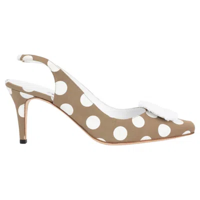 Pre-owned Manolo Blahnik Olive Drab & White Polka Dot Pompom Slinback Pumps Shoes 38.5