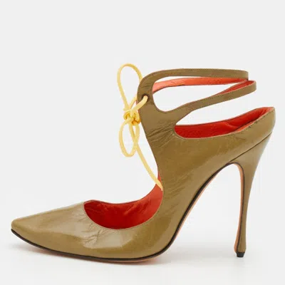 Manolo Blahnik Olive Green Leather Cut Out Lace Up Pumps In Multi