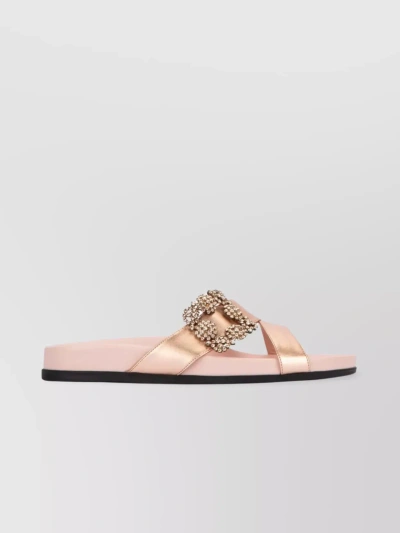 MANOLO BLAHNIK OPEN TOE SATIN SLIPPERS WITH EMBELLISHED DETAIL