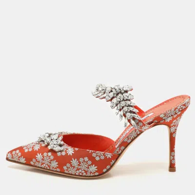 Pre-owned Manolo Blahnik Orange Floral Jacquard Lurum Pointed Toe Mules Size 37