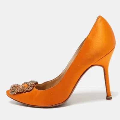Pre-owned Manolo Blahnik Orange Satin Hangisi Crystal Embellished Pumps Size 36.5