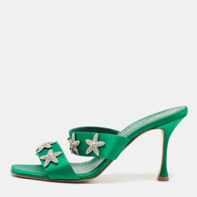 Pre-owned Manolo Blahnik Ostriamu Size 40 Green Satin Slide Sandals