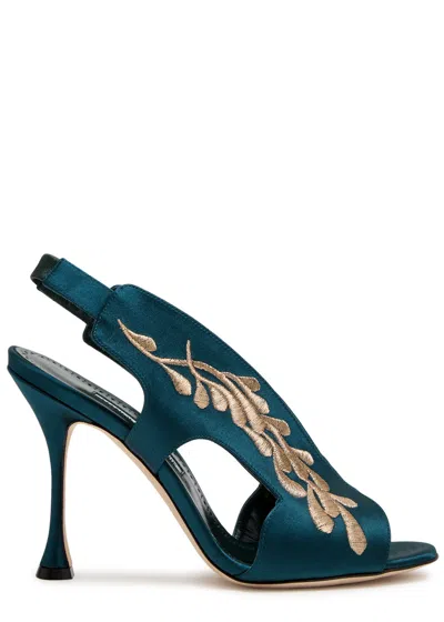 Manolo Blahnik Pancrabonu 105 Embroidered Satin Slingback Sandals In Blue