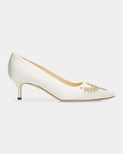 Manolo Blahnik Pasadislo Embellished Satin Pumps In White