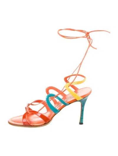 Pre-owned Manolo Blahnik Patent Leather Animal Print Gladiator Sandals In Orange
