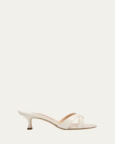 Manolo Blahnik Patent Leather Crisscross Slide Sandals In White