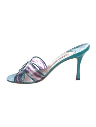Pre-owned Manolo Blahnik Patent Leather Printed Slides In Blue