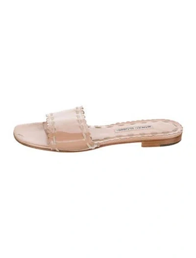 Pre-owned Manolo Blahnik Patent Leather Scalloped Accent Slides In Neutral