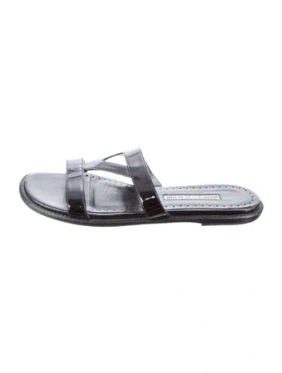 Pre-owned Manolo Blahnik Patent Leather Slides In Silver