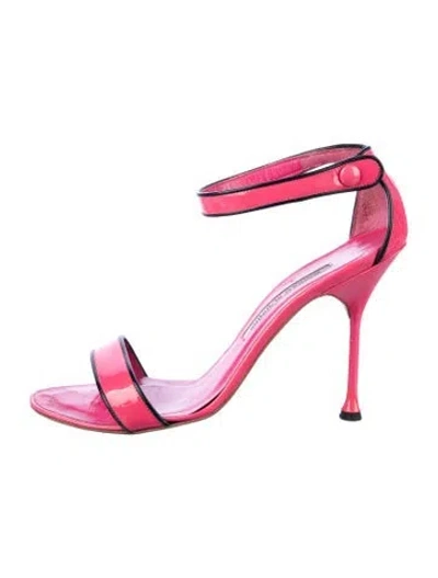 Pre-owned Manolo Blahnik Patent Leather Striped Sandals In Pink