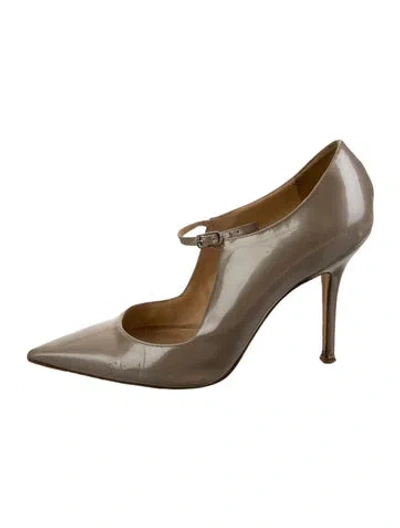 Pre-owned Manolo Blahnik Patent Leather T-strap Pumps In Neutrals