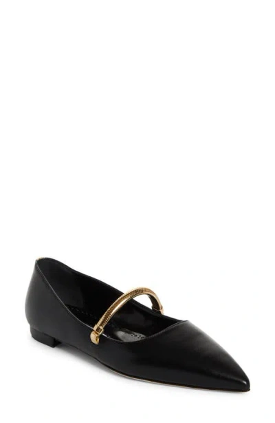 Manolo Blahnik Peleona Pointed Toe Mary Jane Flat In Black/ Gold