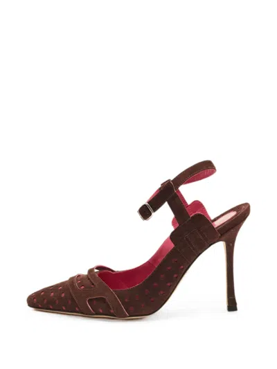 Pre-owned Manolo Blahnik Perforated Ankle-strap Heeled Pumps In Brown