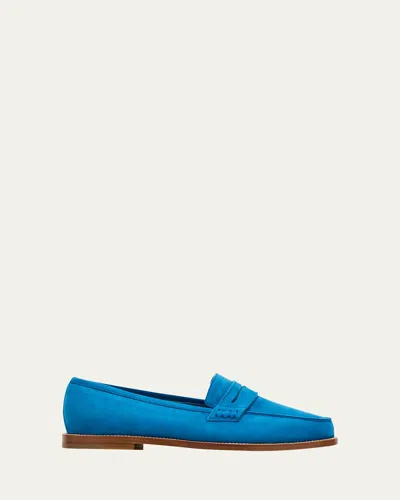 Manolo Blahnik Perrita Classic Suede Penny Loafers In Blue