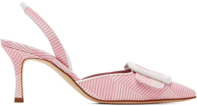 Manolo Blahnik Pink & White Mayslibi Heels In 9065/1012 Ypri/whit