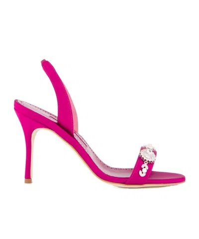 Manolo Blahnik Pink Satin Embellished Slingback Sandals