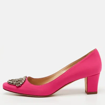 Pre-owned Manolo Blahnik Pink Satin Okkato Crystal Embellished Block Heel Pumps Size 38