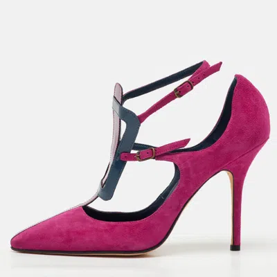 Pre-owned Manolo Blahnik Pink Suede And Patent Leather Emotiva Pumps Size 40