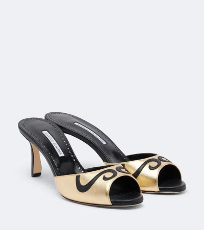 Manolo Blahnik Pintonamu Embroidered Metallic Leather Mules In Gold