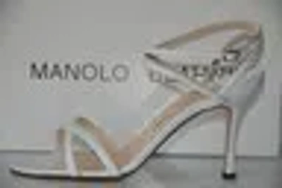 Pre-owned Manolo Blahnik Pippo Crisp White Leather Shoes Strappy Sandals 40.5 Wedding