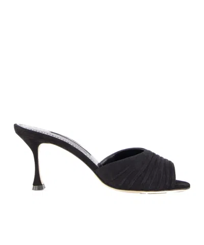 Manolo Blahnik Pirua Black Suede 70mm Mule Heels In Multi