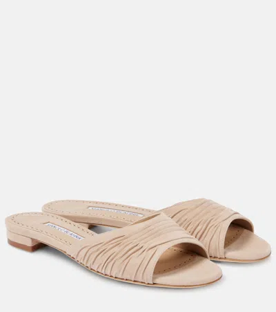 Manolo Blahnik Piruaflat 10 Suede Sandals In Beige