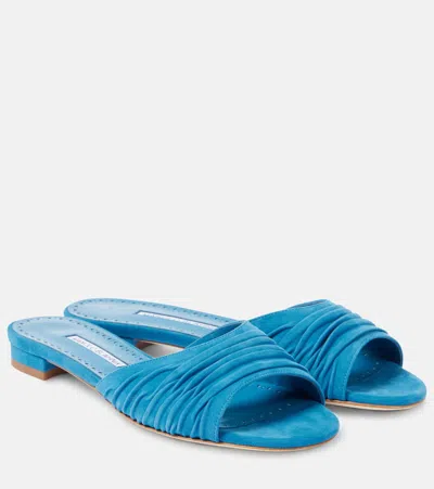 Manolo Blahnik Piruaflat 10 Suede Sandals In Blue