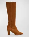 Manolo Blahnik Pitana Suede Block-heel Knee Boots In Medium Brown