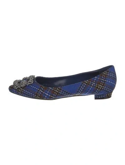 Pre-owned Manolo Blahnik Plaid Print Crystal Embellishments Ballet Flats In Blue