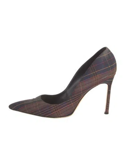 Pre-owned Manolo Blahnik Plaid Print Slingback Pumps In Brown