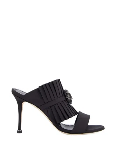 Manolo Blahnik Danteuil 90 Embellished Pleated Silk Mules In Black