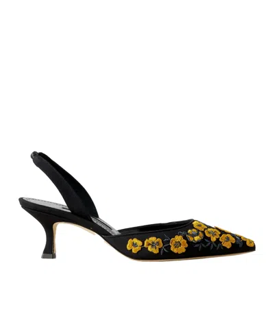 Manolo Blahnik Carolyne 50 Embroidered Silk Crepe De Chine Slingback Pumps In Black