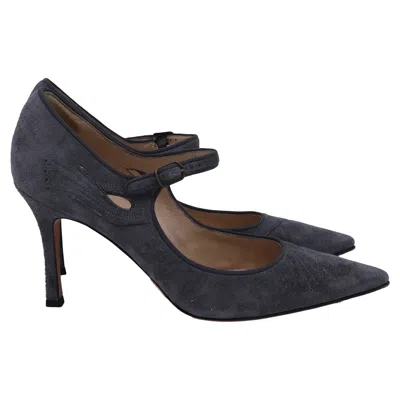 Manolo Blahnik Pointed Mary Jane Pumps In Grey Suede In Blue