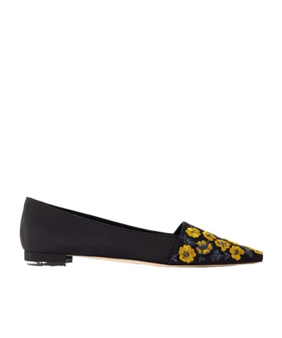 Manolo Blahnik Safiye Embroidered Crepe De Chine Point-toe Flats In Yellow