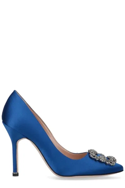 MANOLO BLAHNIK POINTED-TOE MID-HEIGHT STILETTO PUMPS WITH DECORATIVE EMBELLISHMENT