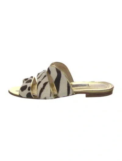 Pre-owned Manolo Blahnik Ponyhair Animal Print Slides In Gold